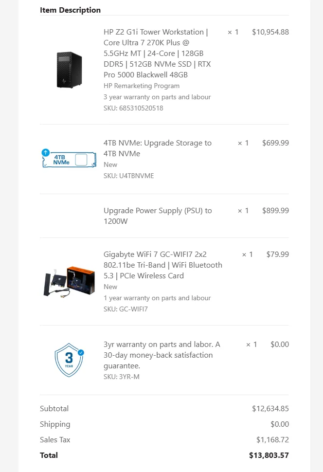 The workstation configuration: RTX PRO 5000 with 48 GB of VRAM, 128 GB of DDR5, a 24-core Intel Core Ultra 7 and a 4 TB NVMe.